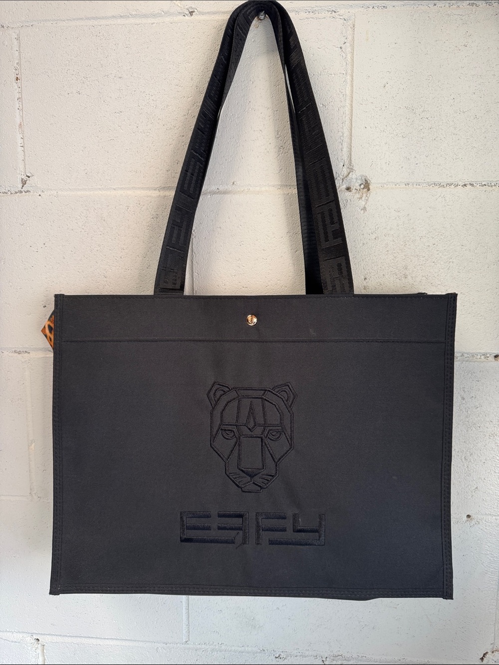 Black Tote Bag with Embroidered Lion